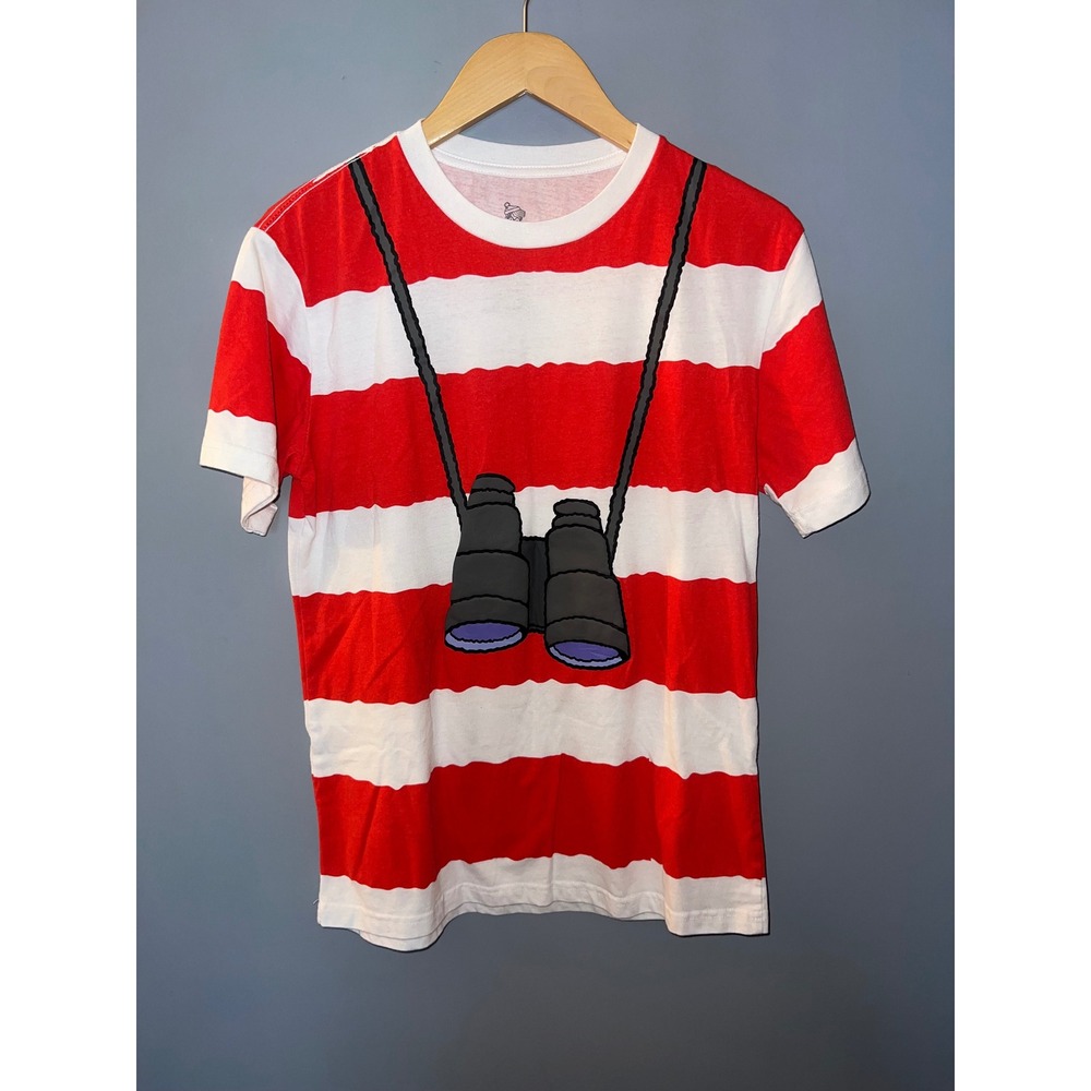 Wheres Waldo Mens Small Red White Striped Binocular Graphic T-Shirt Costume Tee